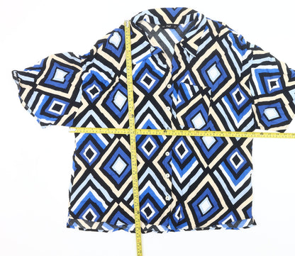 F&F Women’s Blue Geometric Button-Up Blouse Size 18 Short Sleeve