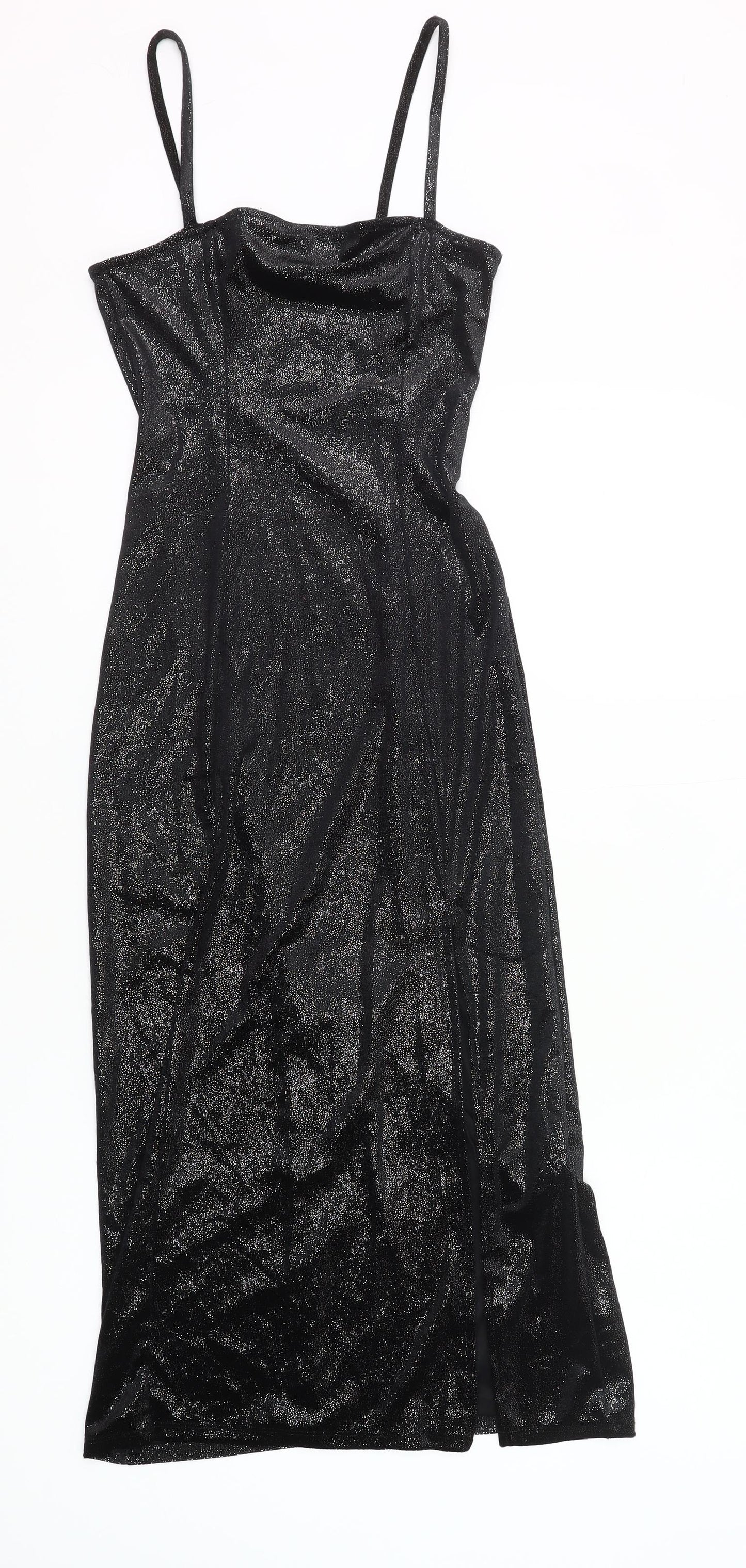 H&M Women Black XS Glitter Slip Midi Dress Party Clubwear