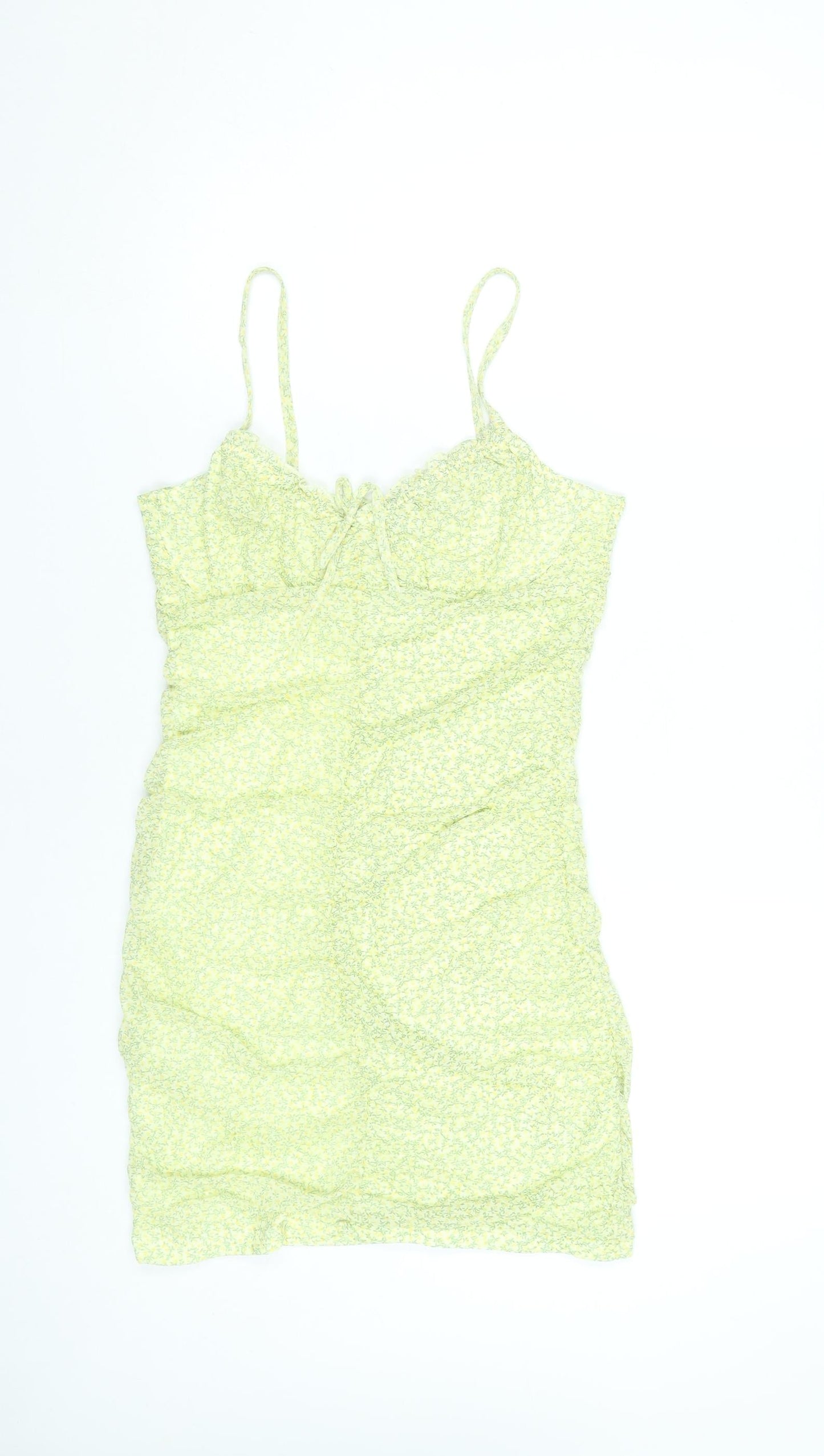 H&M Women Yellow Floral Bodycon Short Dress Size 12 Sleeveless