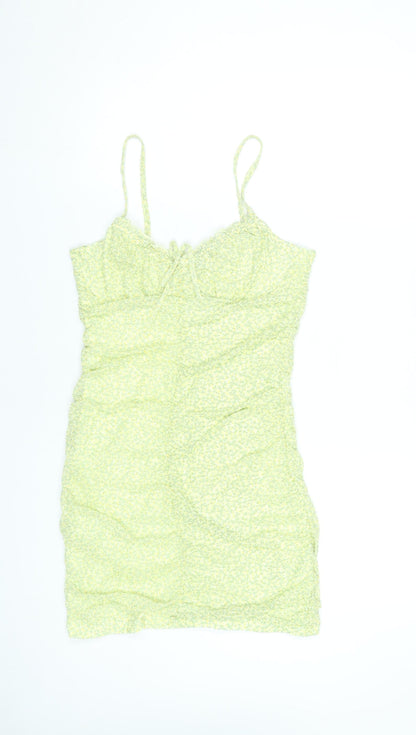 H&M Women Yellow Floral Bodycon Short Dress Size 12 Sleeveless
