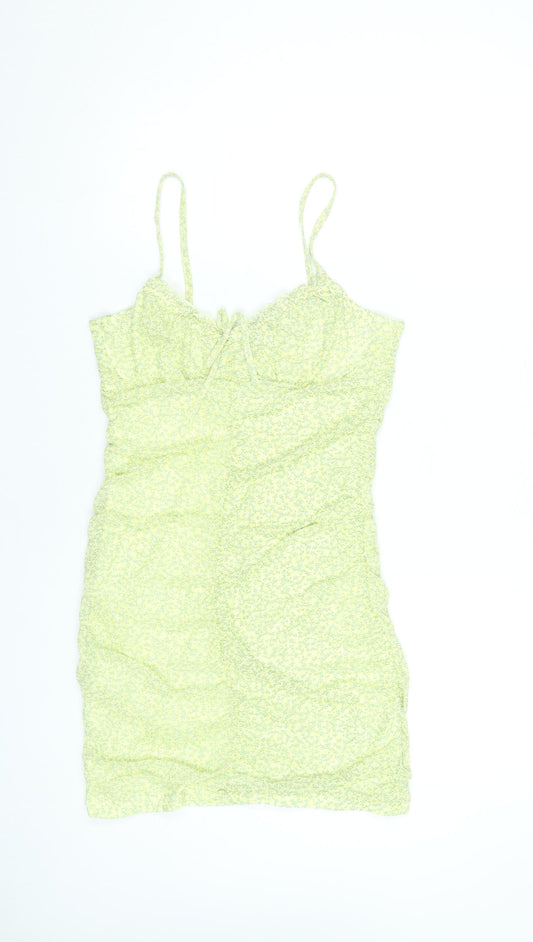 H&M Women Yellow Floral Bodycon Short Dress Size 12 Sleeveless