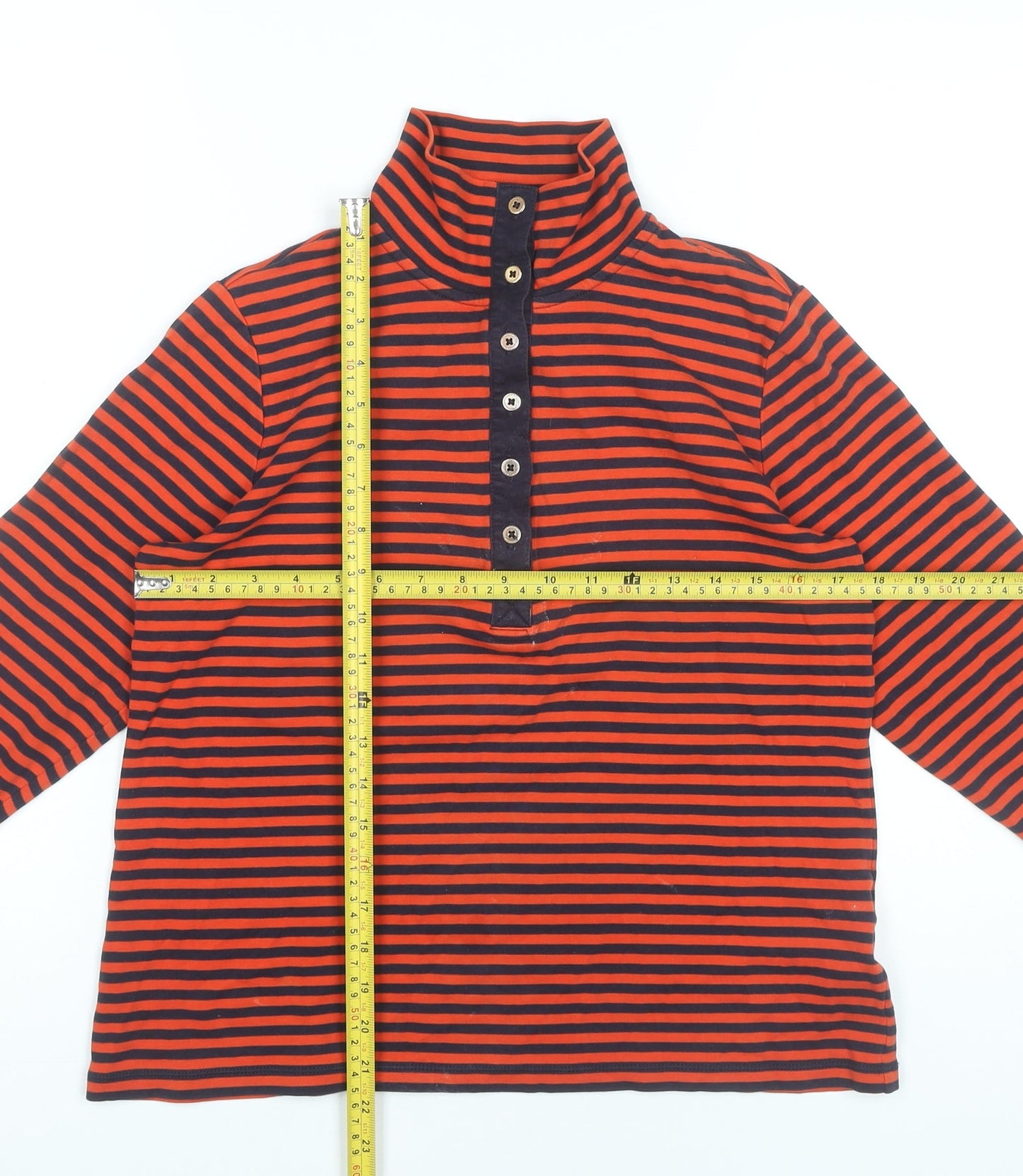 Lands' End Women’s Red Black Striped Cotton Button-Up Roll Neck Top S