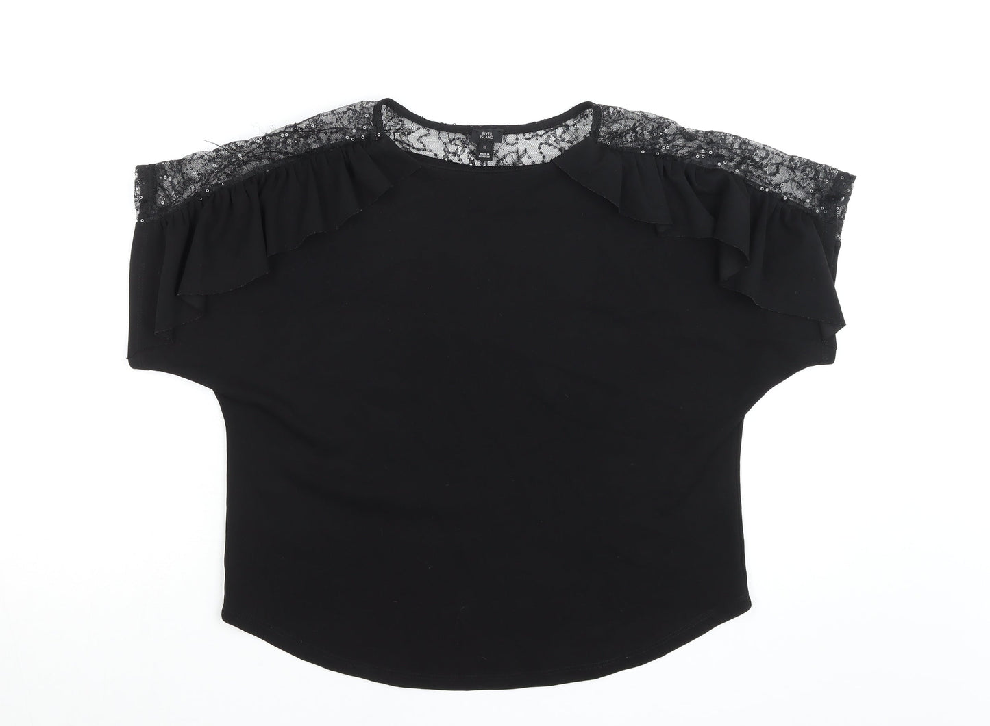 River Island Women Black Lace Ruffle Tunic Blouse Size 10