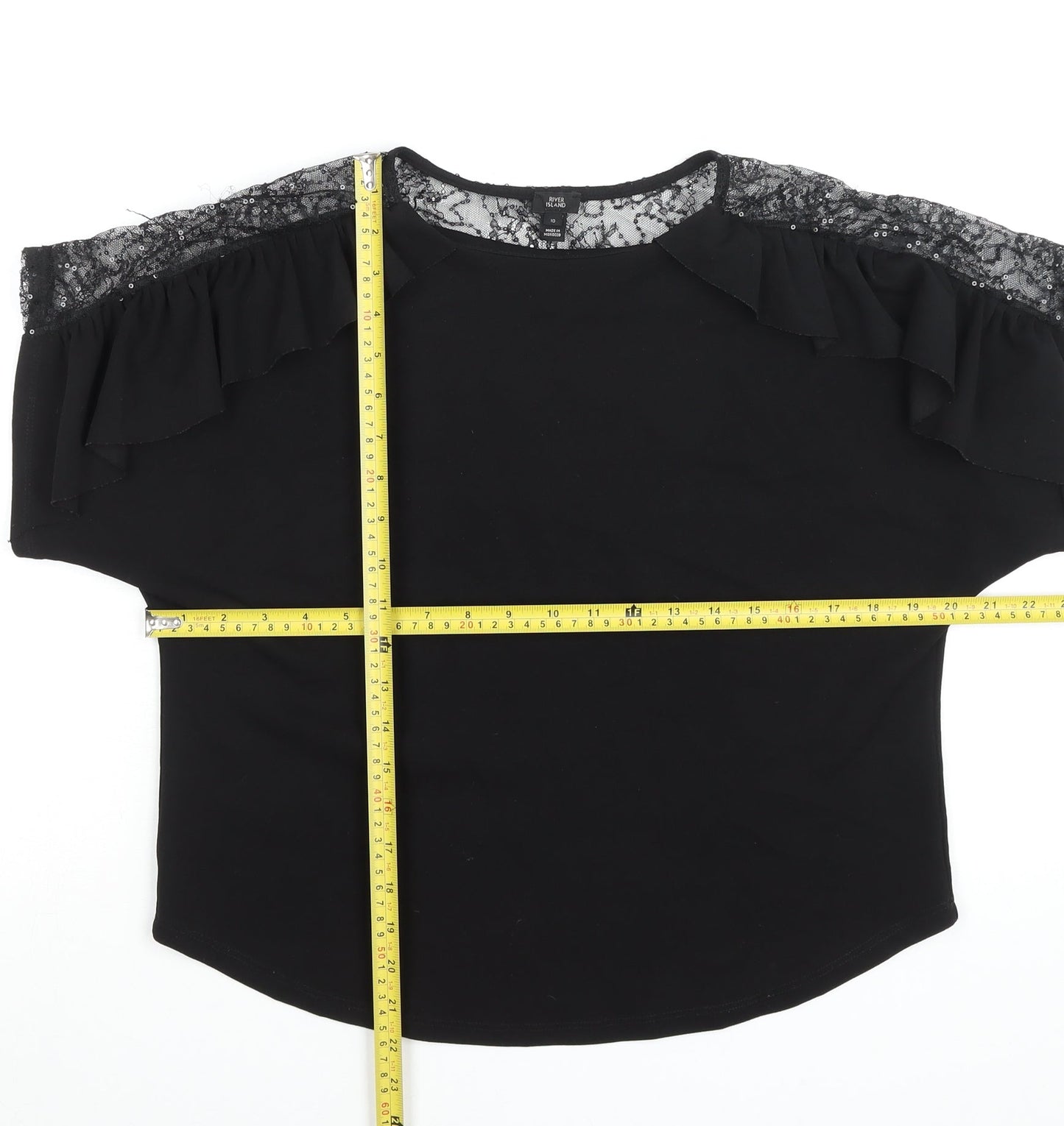 River Island Women Black Lace Ruffle Tunic Blouse Size 10