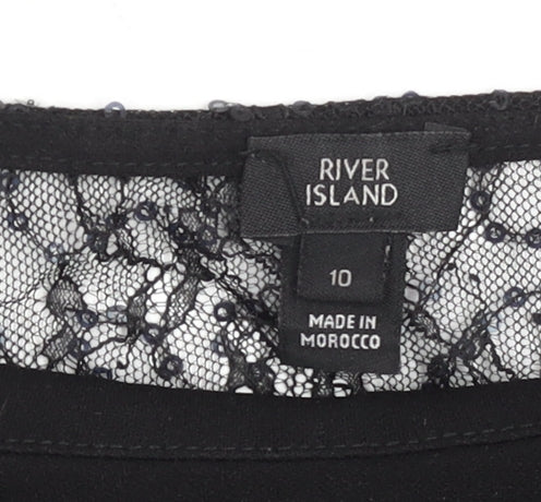 River Island Women Black Lace Ruffle Tunic Blouse Size 10