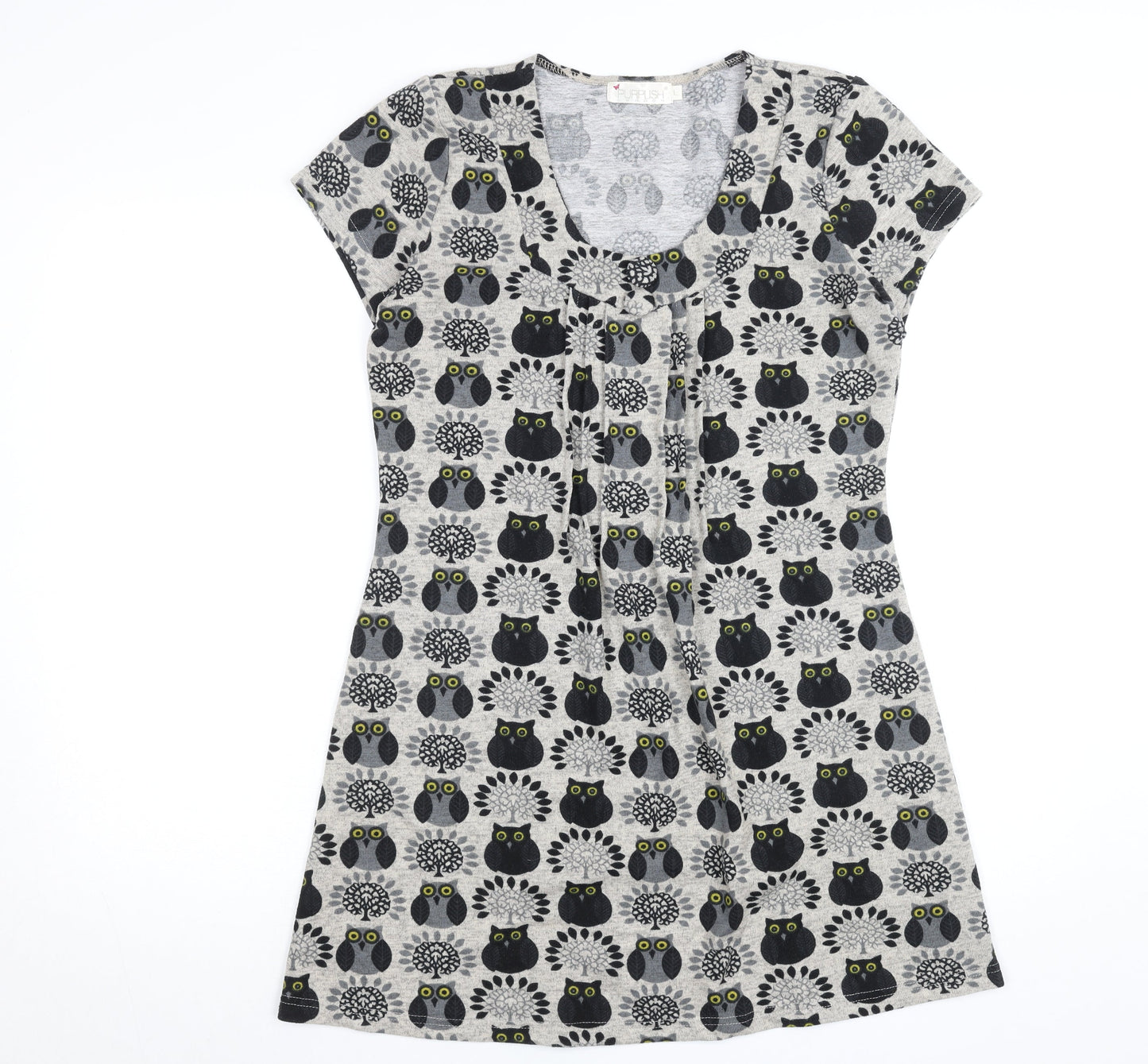 Purplish London Women’s Grey Owl Print Shift Dress M Wool Blend