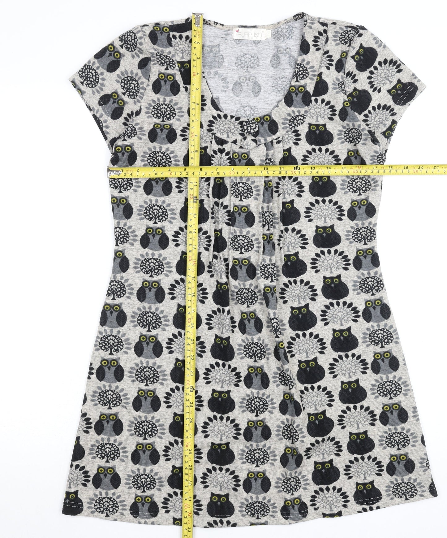 Purplish London Women’s Grey Owl Print Shift Dress M Wool Blend