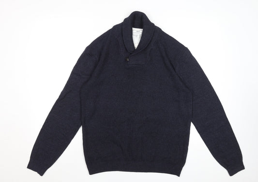 Next Mens Blue Cotton Blend Collared Pullover Jumper Size L