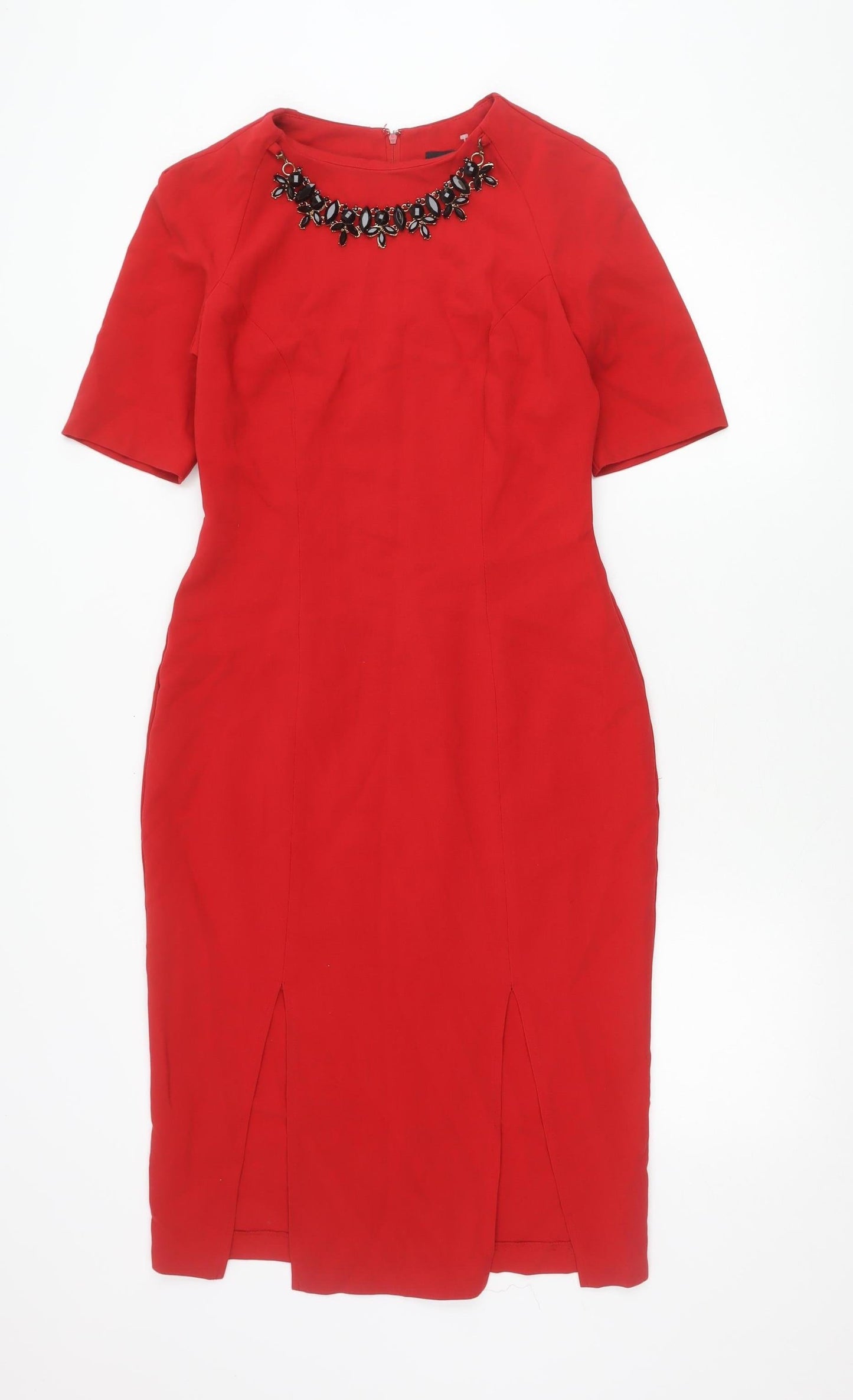 ASOS Women Red Beaded Neck Sheath Dress Size 10 Half Sleeve Knee Length