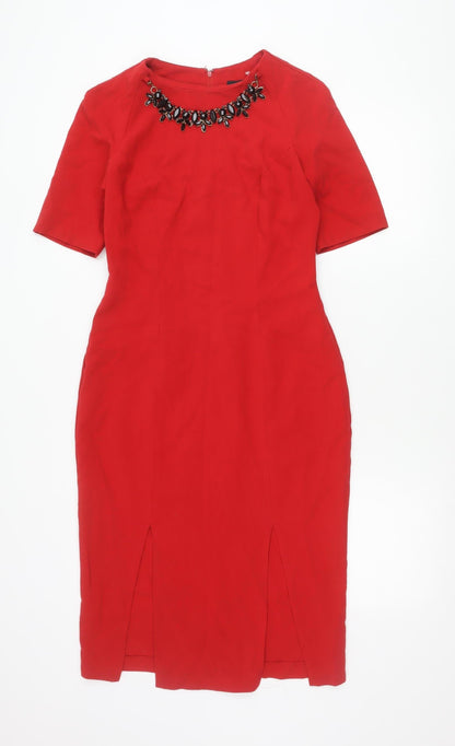 ASOS Women Red Beaded Neck Sheath Dress Size 10 Half Sleeve Knee Length