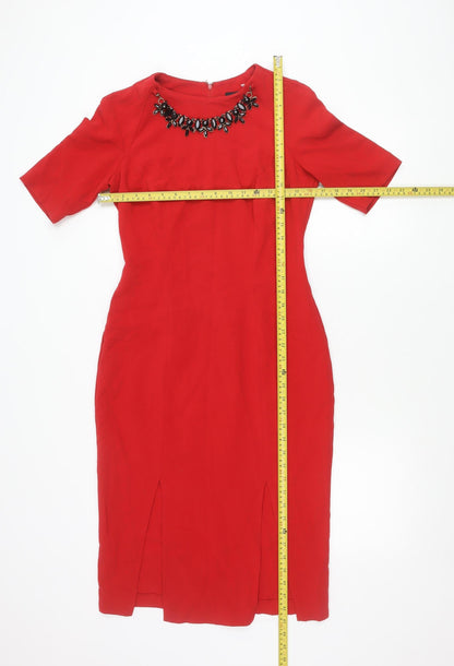 ASOS Women Red Beaded Neck Sheath Dress Size 10 Half Sleeve Knee Length