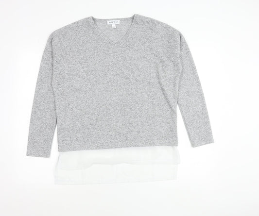 Next Women Grey V-Neck Pullover Jumper Knit Long Sleeve Size S