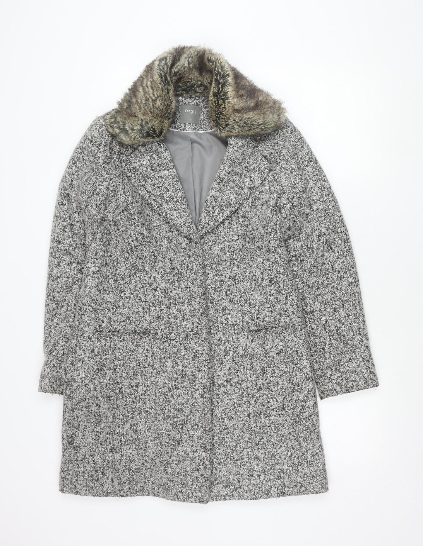 Oasis Womens Grey Wool Blend Faux Fur Collar Coat Size S