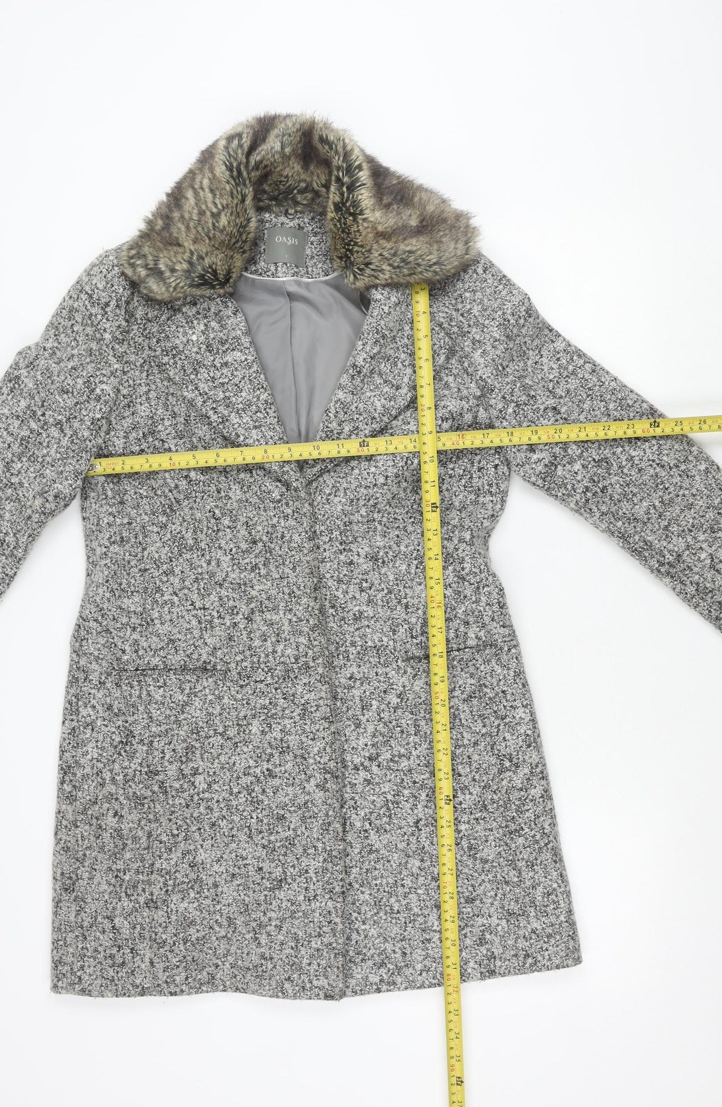 Oasis Womens Grey Wool Blend Faux Fur Collar Coat Size S