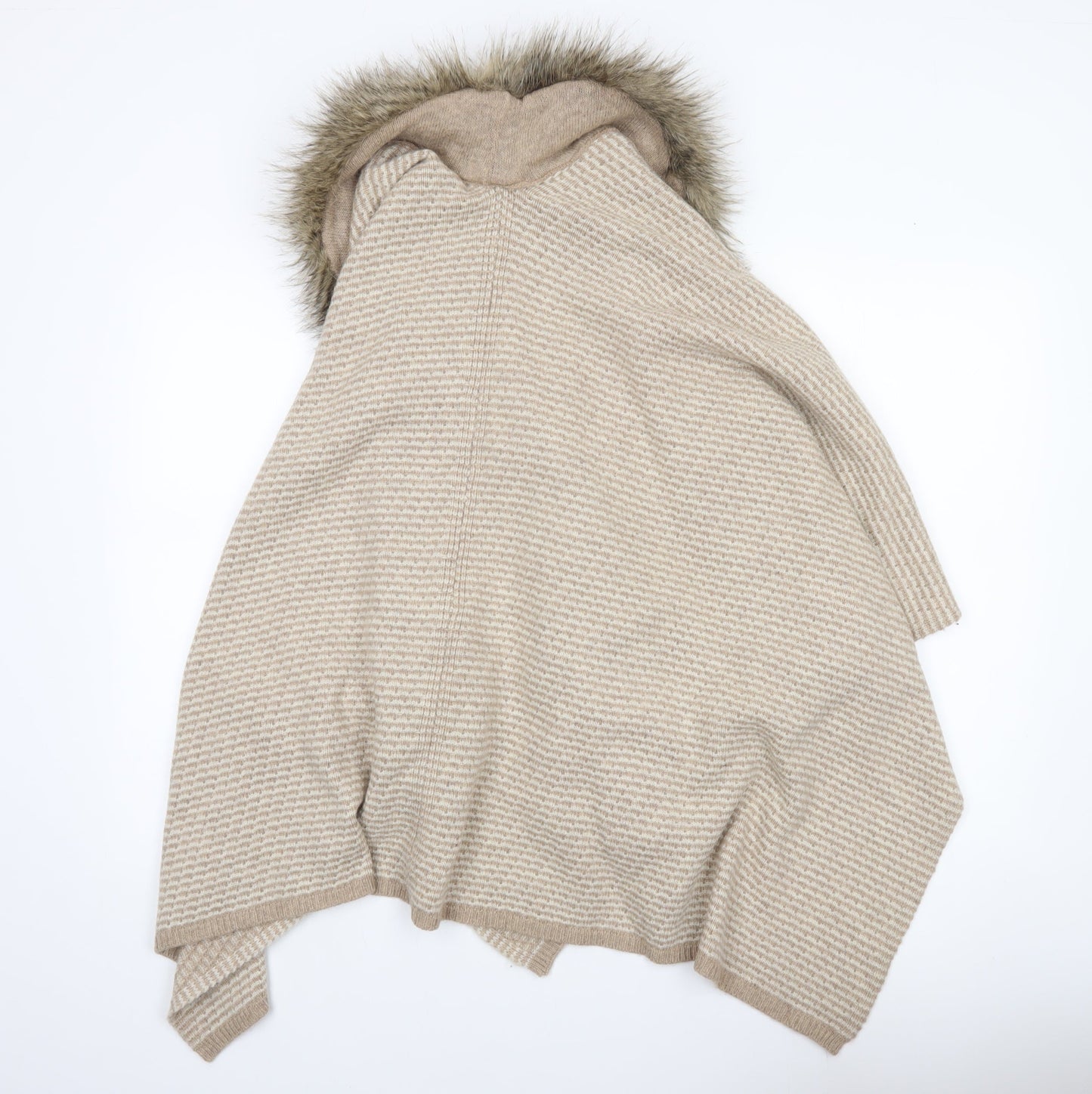 Alice Hannah Women Beige Wool Blend Cape with Faux Fur Collar Size M