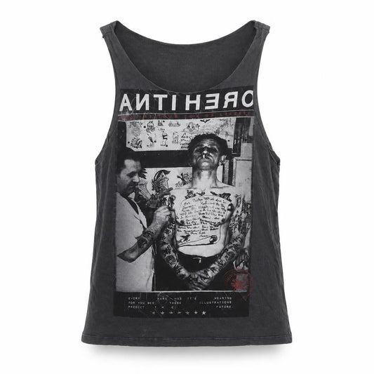 Front view of Condemned Nation unisex black cotton graphic tank top, size M