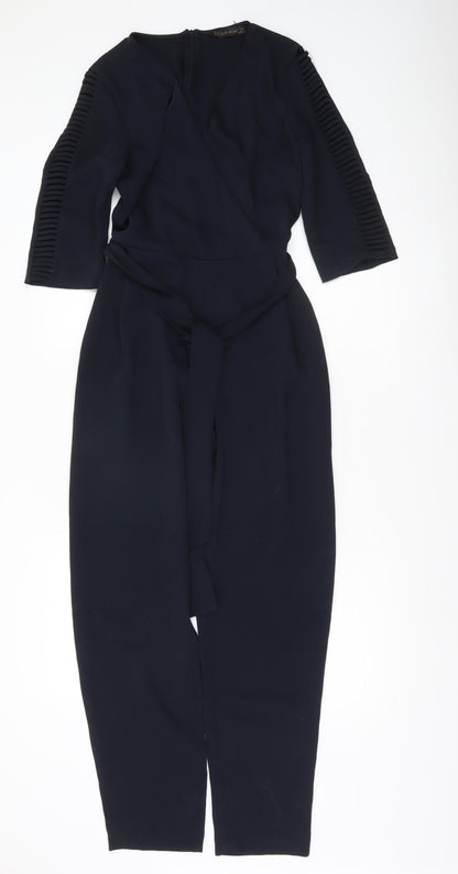 Zara Basic Women Black XS Jumpsuit 3/4 Sleeve V-Neck Belted Slim