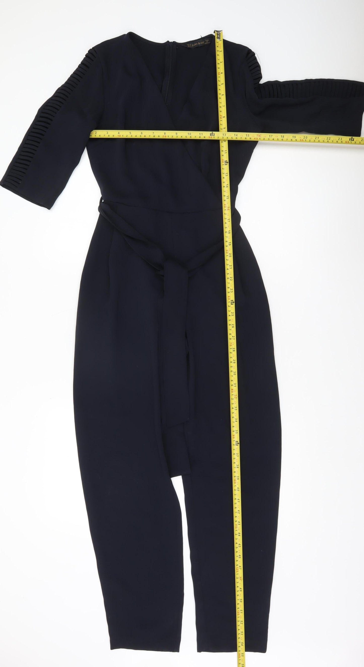 Zara Basic Women Black XS Jumpsuit 3/4 Sleeve V-Neck Belted Slim