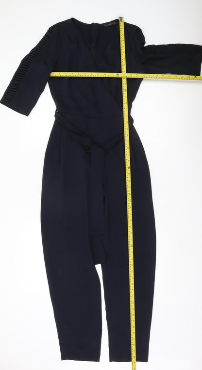 Zara Basic Women Black XS Jumpsuit 3/4 Sleeve V-Neck Belted Slim