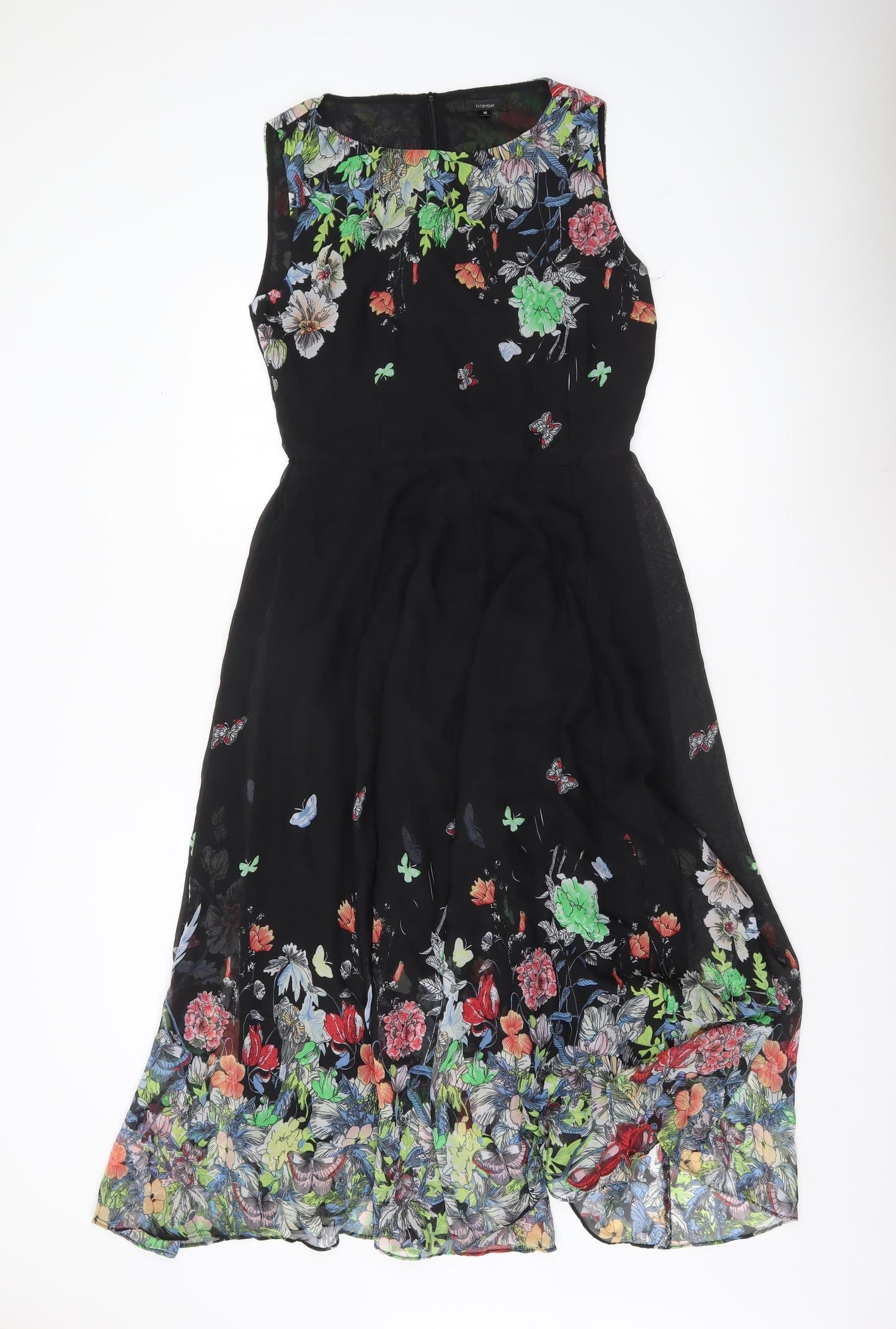 FLOIRYDAY Womens Black Floral A-Line Sleeveless Dress M