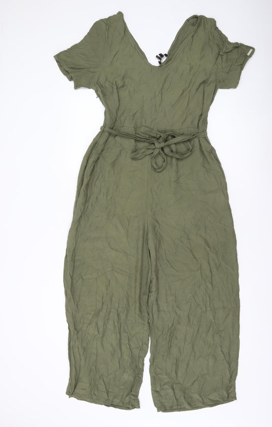 Superdry Women’s Green Jumpsuit Size 14 Wide-Leg Short Sleeve V-Neck