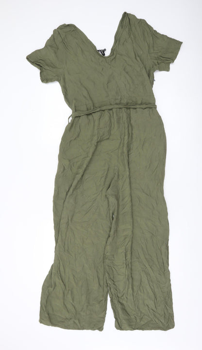 Superdry Women’s Green Jumpsuit Size 14 Wide-Leg Short Sleeve V-Neck
