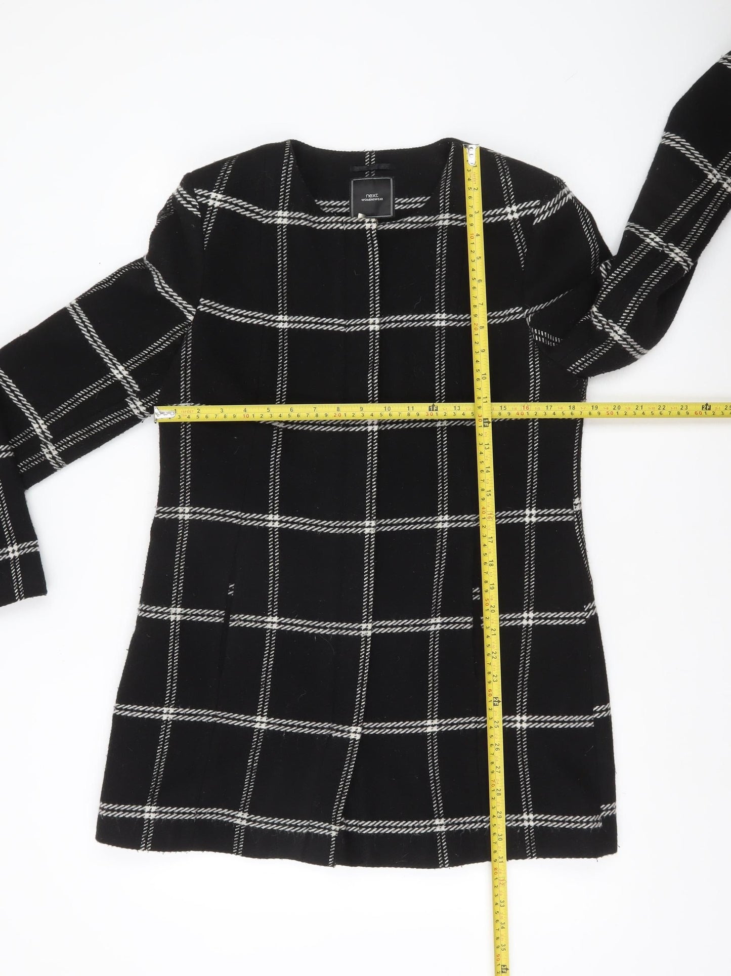 Next Womens Black Check Wool Blend Coat Size 14 Mid-Length