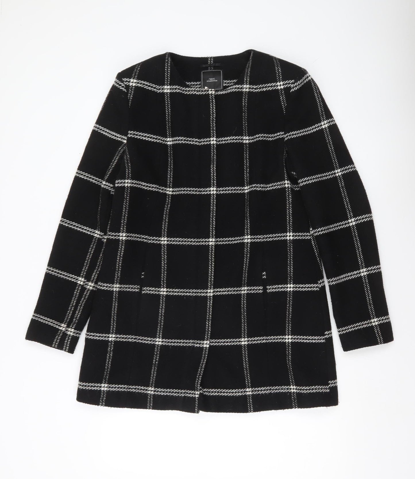 Next Womens Black Check Wool Blend Coat Size 14 Mid-Length