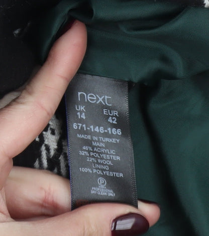 Next Womens Black Check Wool Blend Coat Size 14 Mid-Length