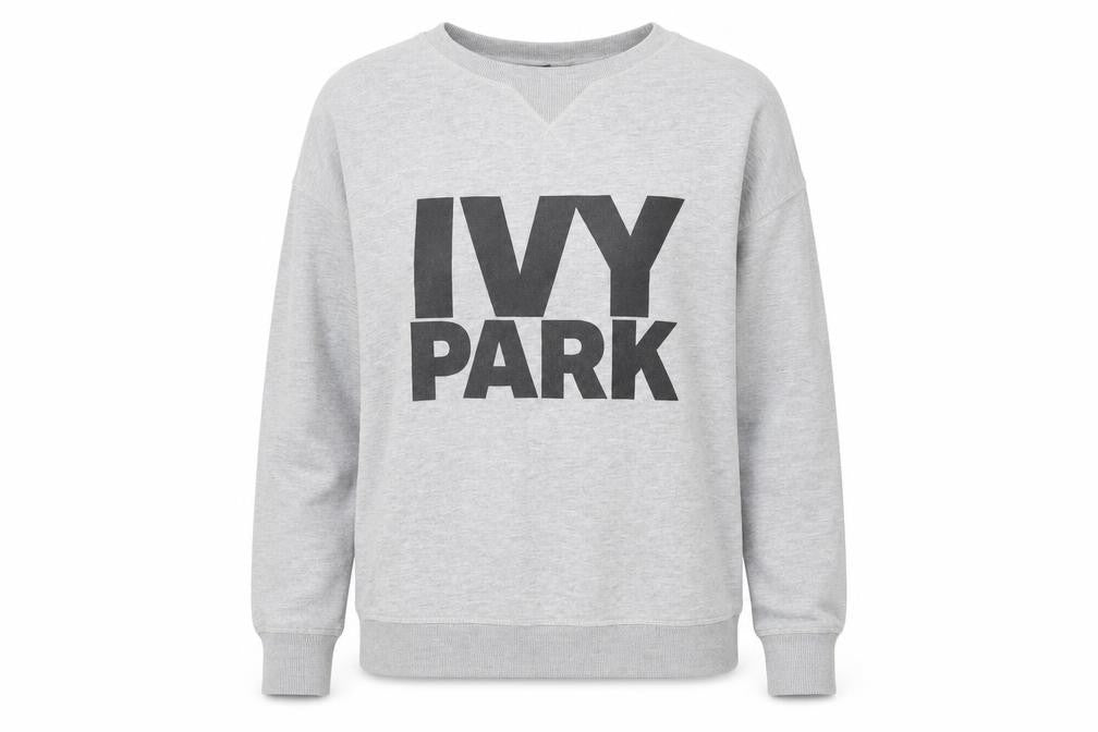 Front view of Ivy Park women’s grey sweatshirt medium pullover logo print casual