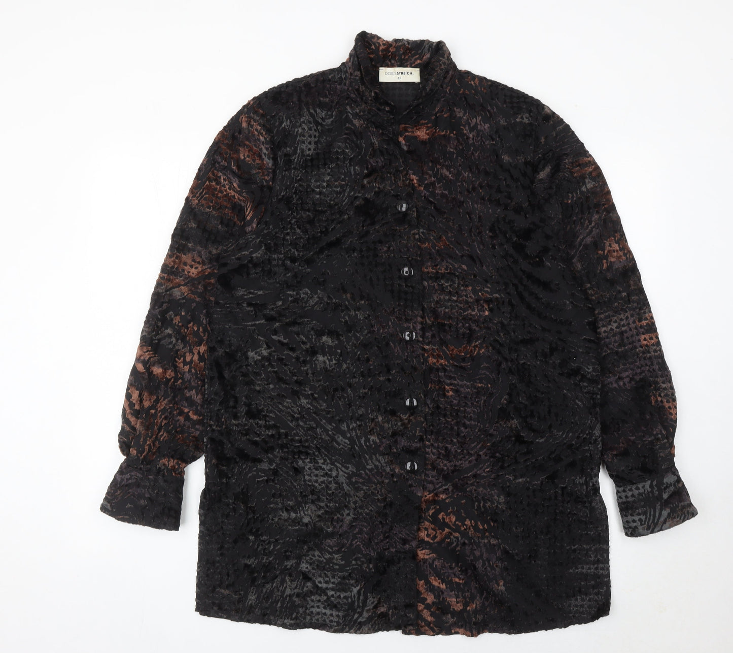 Doris Streich Womens Black 14 Button-Up Velvet Animal Print Blouse Top