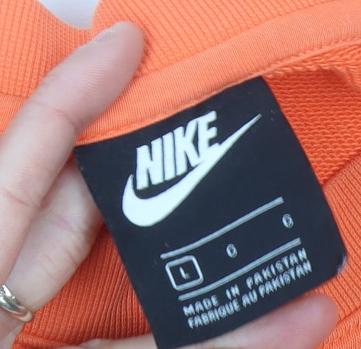 Nike Womens Orange Cotton Blend Sweatshirt L Logo Print Pullover