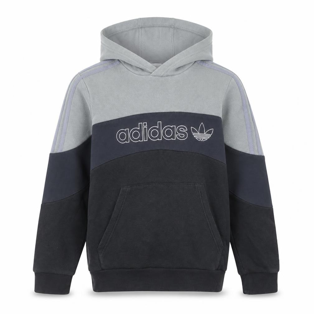 Front view of Adidas boys’ grey black logo pullover hoodie 12-13y regular fit fleece