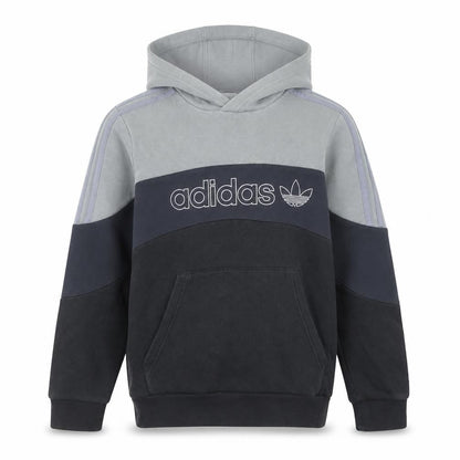 Front view of Adidas boys’ grey black logo pullover hoodie 12-13y regular fit fleece