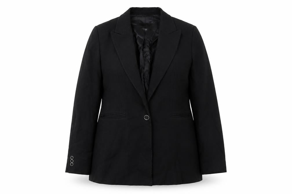 Front view of Massimo Dutti women’s black, size UK 14, tailored notch lapel blazer jacket