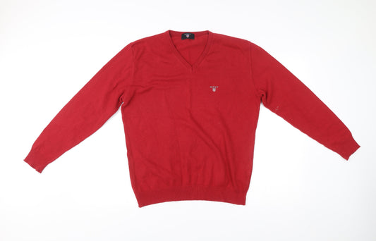 GANT Men’s Red V-Neck Knit Jumper Size L Cotton Casual Workwear