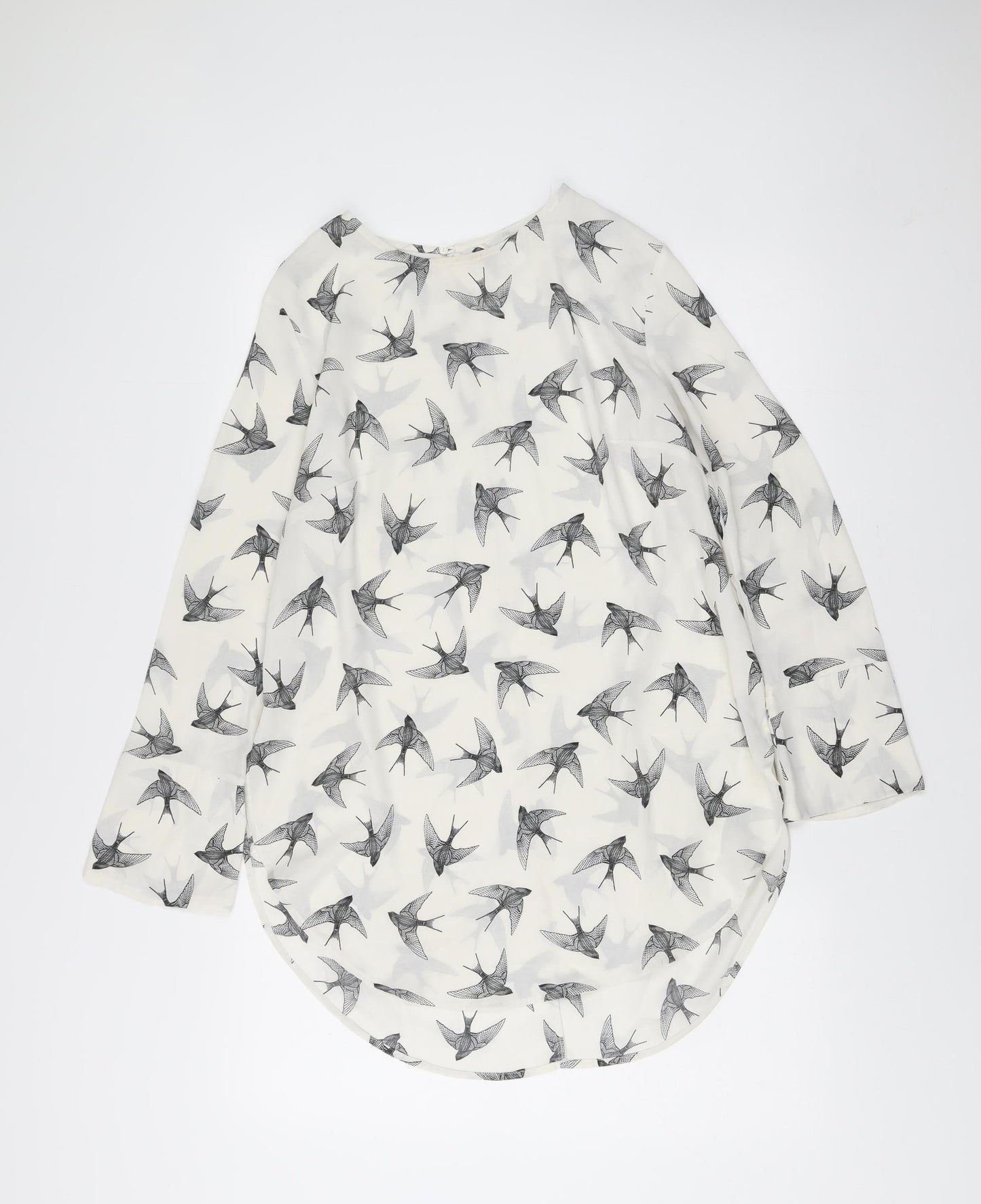 H&M Womens White Bird Print Shift Dress Size 10 Long Sleeve