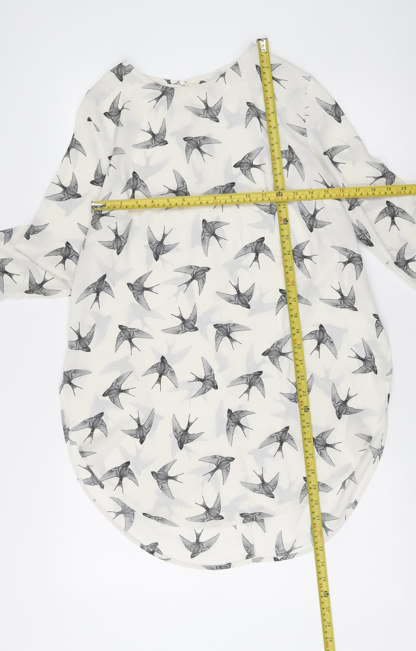 H&M Womens White Bird Print Shift Dress Size 10 Long Sleeve
