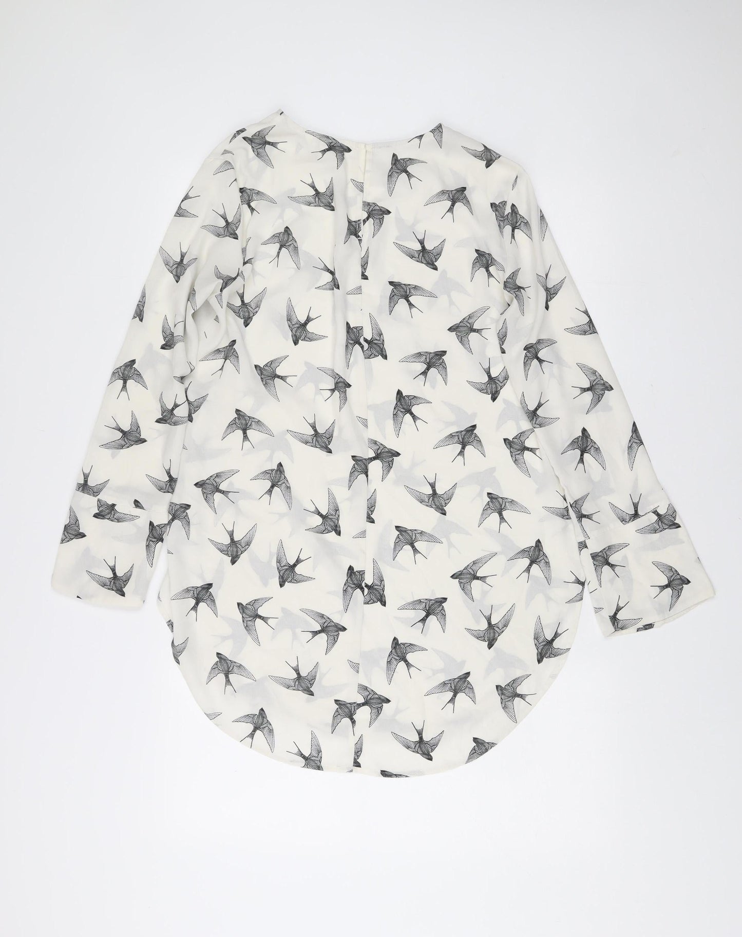H&M Womens White Bird Print Shift Dress Size 10 Long Sleeve
