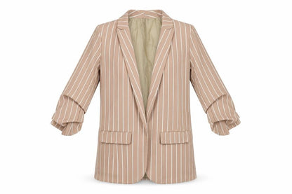 Women’s Beige Striped Blazer Jacket Size S Polyester Elastane Work Casual