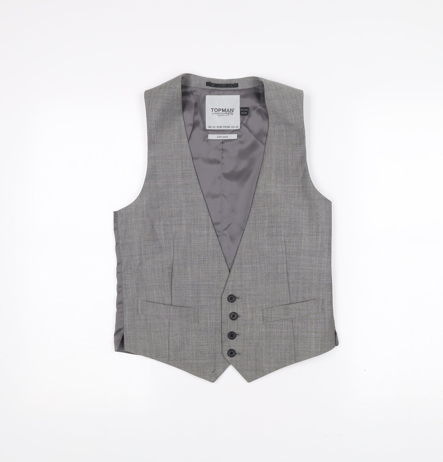 Topman Men's Grey Waistcoat Size 36 Slim Fit Wool Blend Formal