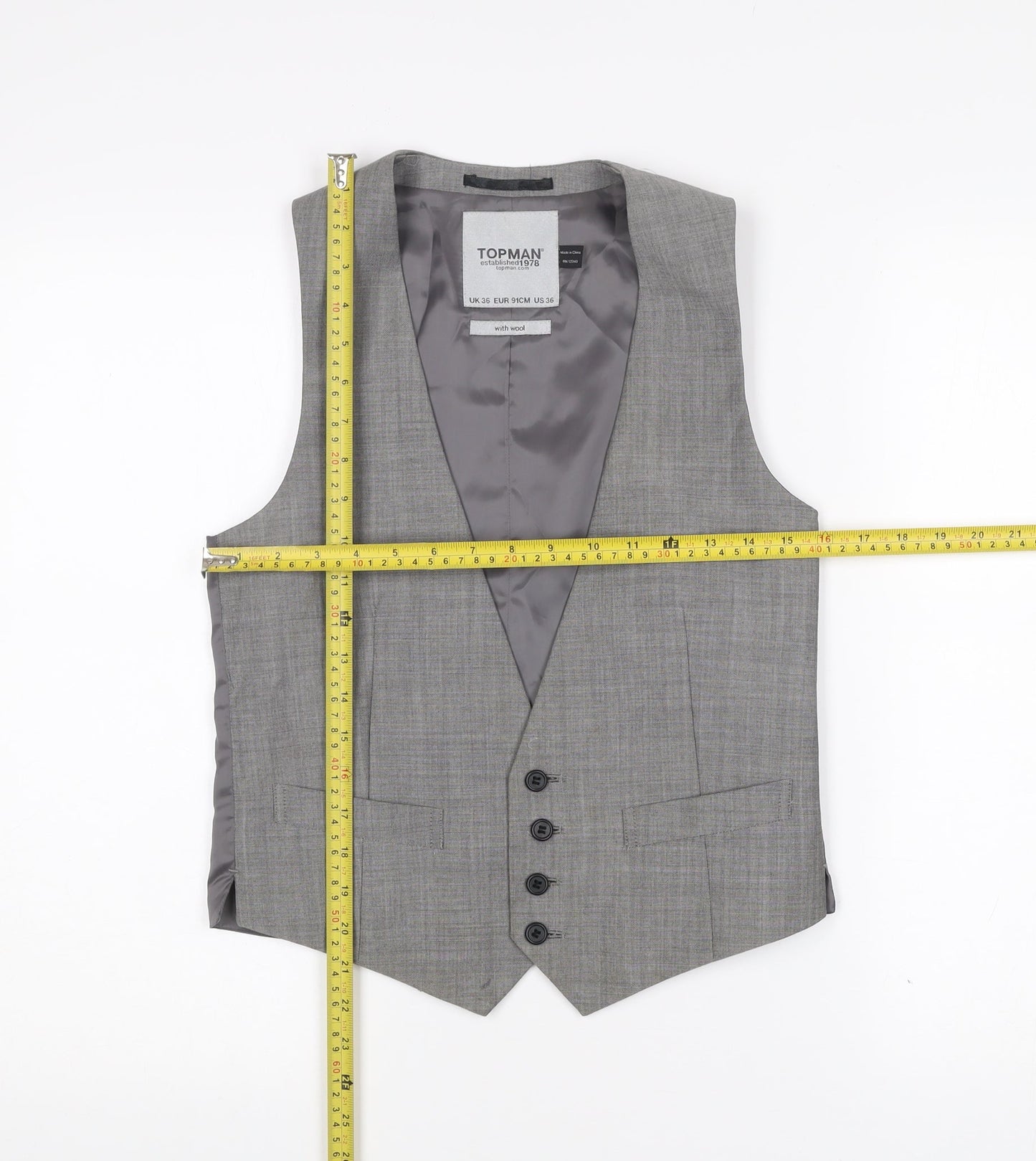 Topman Men's Grey Waistcoat Size 36 Slim Fit Wool Blend Formal