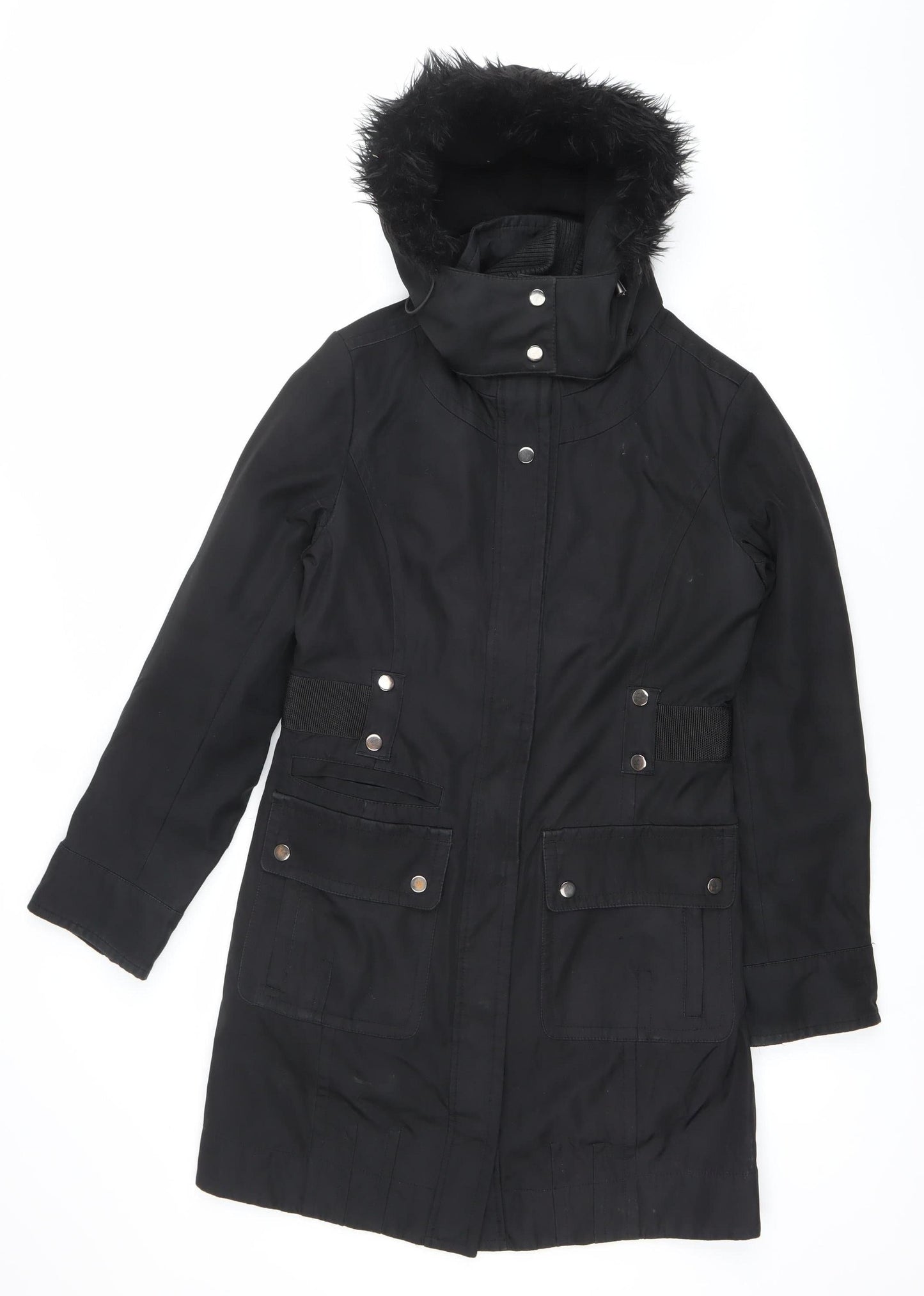 Principles Women’s Black Parka Coat Size 8 Faux Fur Hood Winter Jacket