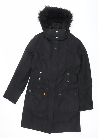 Principles Women’s Black Parka Coat Size 8 Faux Fur Hood Winter Jacket