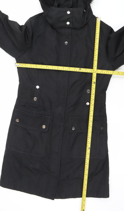 Principles Women’s Black Parka Coat Size 8 Faux Fur Hood Winter Jacket