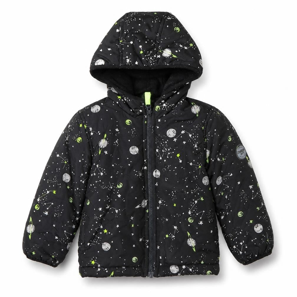 Front view of OshKosh B'gosh boys’ black space print puffer winter jacket 3 years
