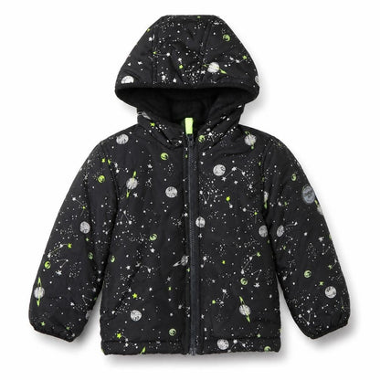 Front view of OshKosh B'gosh boys’ black space print puffer winter jacket 3 years