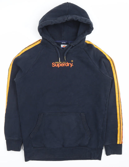 Superdry Men’s Blue Pullover Hoodie M Logo Striped Sleeve Casual