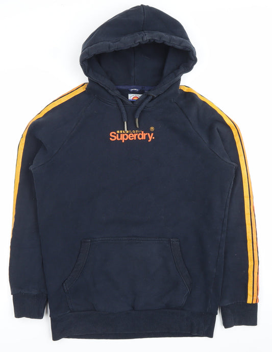 Superdry Men’s Blue Pullover Hoodie M Logo Striped Sleeve Casual