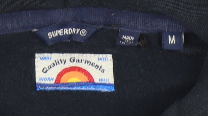 Superdry Men’s Blue Pullover Hoodie M Logo Striped Sleeve Casual